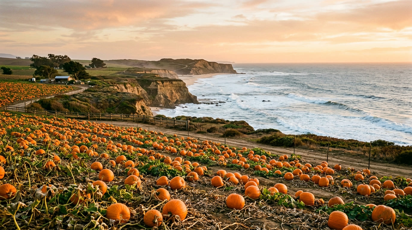 Pumpkin fields on a bluff above the Pacific at sunset